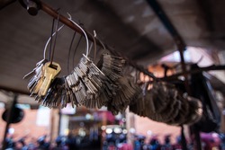 A Bunch of key hanging on the wire from a key maker shop in Vietnam