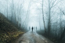 A group of eerie ghostly figures emerging from the fog on a spooky forest  road in winter. With a high contrast photoshop edit.
