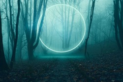 A glowing, portal, gateway floating above a track in a spooky misty winter forest, Science fiction concept.