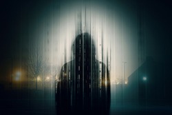 A double exposure of a Silhouette of a mysterious hooded figure without a face, in a city at night. With a glitch, edit
