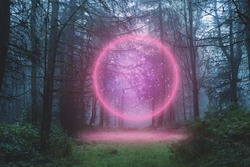 A fantasy concept. Of a glowing neon portal. Glowing in a mysterious misty forest in winter.