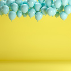 Blue balloons floating in yellow pastel background room studio. minimal idea creative concept.