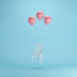 Floating Chair with pink balloons on blue background. minimal idea concept.