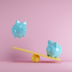 Blue piggys bank playing with yellow seesaw on pink background. minimal idea funny concept.