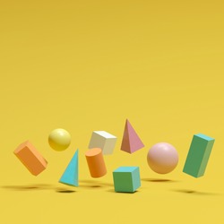 colorful geometric shapes set floating on yellow background. minimal concept idea