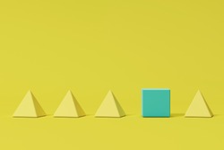 outstanding blue box among yellow square pyramids on yellow background. minimal concept idea
