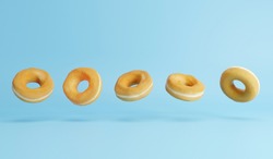 Doughnut set floating on blue pastel background .3D Rendering. minimal food concept.