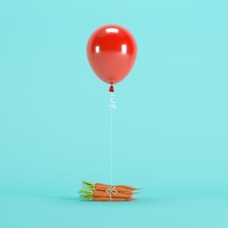 Red Balloon Floating with carrot on blue background. minimal concept idea.