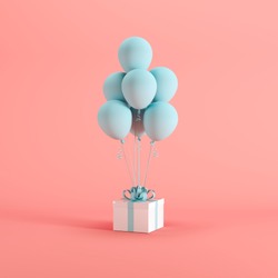 White gift box with blue ribbon and balloon on pink background. minimal christmas newyear concept.