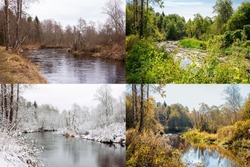 Beautiful collage of 4 seasons, different pictures but same place of an river in wilderness. Spring foliage, green fresh bright summer day, autumn leaves, snow and ice in winter. Variation mix.