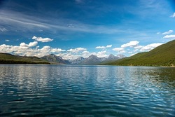 glacier national park lake mcdonald on a summer day with clouds and reflections