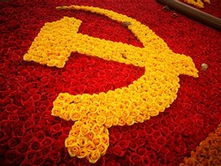 Decoration symbol of Communist Party on a street in Hanoi, Vietnam