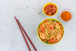 
Simple Shrimp Chow Mein in a Bowl on White Background Top Down Photo