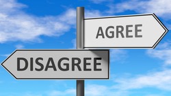 Disagree and agree as a choice - pictured as words Disagree, agree on road signs to show that when a person makes decision he can choose either Disagree or agree as an option, 3d illustration