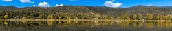 Panoramic shot of pondage at Mount Beauty, Victoria, Australia. The Regulating Pondage is part of the Kiewa Hydroelectric Scheme. The town of Mount Beauty nestled at the foot of Mt Bogong