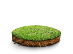 3D Illustration, round soil ground cross section with earth land and green grass, realistic ground ecology, cutaway terrain floor with rock isolated on white background.