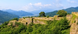 Panoramic view of stone walls at site of Takeda Castle ruins
