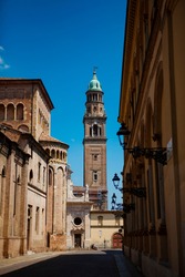The tower of San Giovanni Evangelista. It is a church (Duomo) in Parma,  in Emilia-Romagna (northern Italy), part of a complex also including a Benedictine convent, a tower and grocery. Street view.