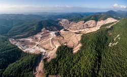 Panoramic drone view of Kaz Mountains. Mount Ida gold mine. Deforestation of the mountain in Canakkale / Turkey. Gold mine from above. 