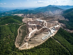 Drone view of Kaz Mountains. Mount Ida gold mine. Deforestation of the mountain in Canakkale / Turkey. Gold mine from above. 