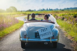 A newlywed couple is driving a convertible retro car on a country road for their honeymoon, rear view
