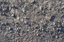 Detail of surface texture with small rocks and dry sprigs on dirty ground.
