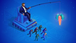 Hidden Crowd Management. Globalization, Leader Controls Puppets. Man on Throne Crowd Control. Business Management Concept. Manipulation and Management. Vector Isometric Illustration.