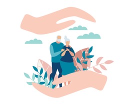 Flat Banner Protection for Senior Family Members. Poster Care for Family Members. Flyer Elderly Parents are Standing in Park, Reconciliation Large Female Hands. Vector Illustration.