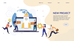 Cartoon Business Team Freelancers, Employees Creating New Global Online Project. Flat Design Landing Page. Ideas and Mechanisms Implementation for Achieving Startup Success. Vector Illustration