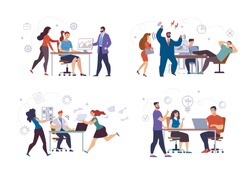 Businesspeople Characters in Office Work Situations Isolated, Trendy Flat Vector Set. Bad Financial Report, Boss Screaming on Lazy Worker, Project Deadline Failure, Brainstorming Meeting Illustrations