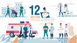 Doctors, Medical Experts, Medicine Professionals Characters Trendy Flat Vector Set. Nurse Transporting Senior Patient on Wheelchair, Doctors near Ambulance Car, Female, Male Practitioners Illustration