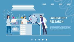 Medical Laboratory Research Center. Chemical Researchers in White Coat and Lab Equipment at Work. Drug Development, Sample Analysis for Disease Diagnosis. Flat Landing Page. Vector Illustration