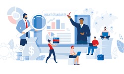 High Standard and Effective Independent Auditor Teamwork. Man with Magnifying Glass, Laptop and Woman with Folder Stack Doing Research, Monitoring Finance, Checking up Efficiency. Vector Illustration
