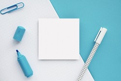 Square sticky notes, memo pad, small notepad mockup for design presentation, blue and white school supplies.