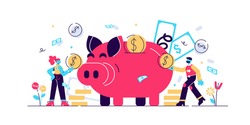 Money saving vector illustration. Flat tiny persons concept with budget piggy bank. Financial wealth symbol with cash money from savings. Investment success and safe economical fund deposit strategy.