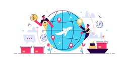 Globalisation flat vector illustration, people around the globe connection concept. Commercial cargo transportation and international business network relationships. World wide web internet technology
