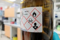 A glass bottle with liquid chemical that is easily flammable, acutely toxic, and poses serious health hazard. Appropriate hazard pictograms are present on the label