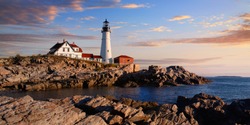 One Of The Most Iconic And Beautiful Lighthouses, The Portland Head Light Under Early Morning Skies, Portland, Maine, USA