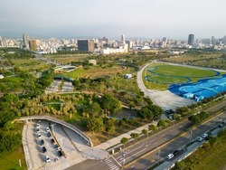 Aerial view of Taichung Central Park. Xitun District Shuinan Economic and Trade Area. Taichung City, Taiwan.