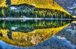 Reflections in the water of a mountain lake in autumn. Autumn mountain lake water reflection. Beautiful lake water reflection. Autumn lake water in mountains