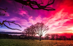 Bloody dawn over the field. Beautiful bloody dawn. Sunrise sky with bloody colors. Early morning nature at dawn