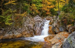 River waterfall in the autumn forest. Waterfall stream in autumn forest. Forest stream waterfall. Waterfall in forest