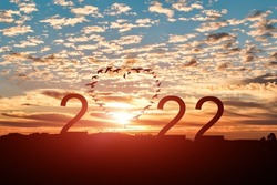 Concept of new year 2022. Silhouette of flying flock birds in shape heart with 2022 against blue sky background.