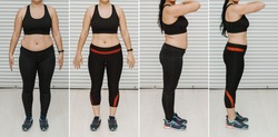 Woman posing before and after weight loss diet. Diet weight loss transformation