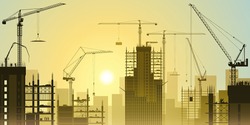 Construction Site with Tower Cranes and Sunset, Sunrise. - Vector EPS 10