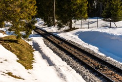 Railroad tracks to the top of the mountain in Zakopane, Poland. Around is snow and trees grow.