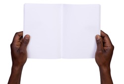 Man holding blank notebook isolated on white background