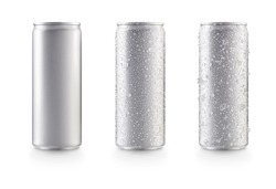 Aluminum slim cans in silver isolated on white background,canned with water drops,canned with water drops and ice