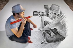 Creative mixed media image showing a man holding a giant red pencil drawing his own reflection which is itself facing the illustrator and holding a big DSLR camera