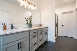 modern farmhouse simple bathroom and laundry with subtle colors cabinets and modern decor